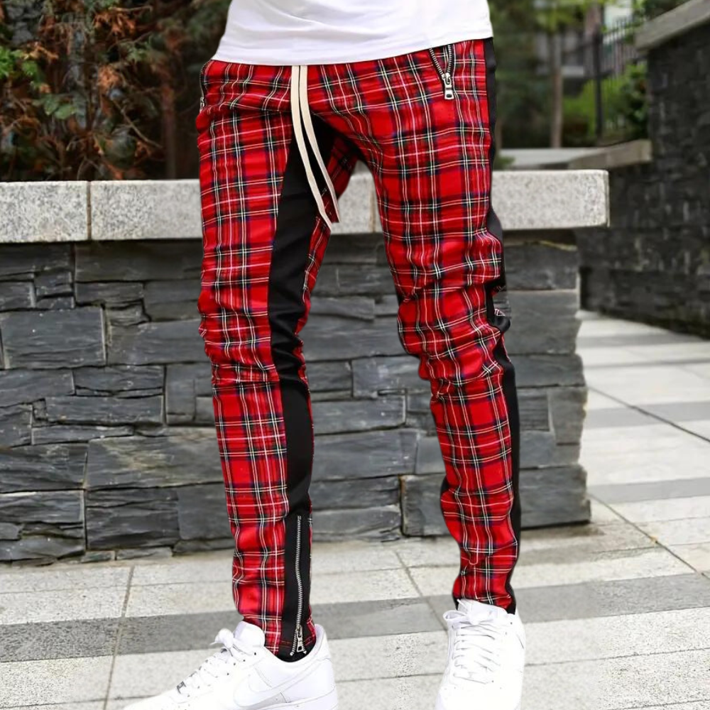 Levoire | Hommes Pantalon Carreaux Décontracté Confortable Avec Poches Zippées Pour Hommes Rot