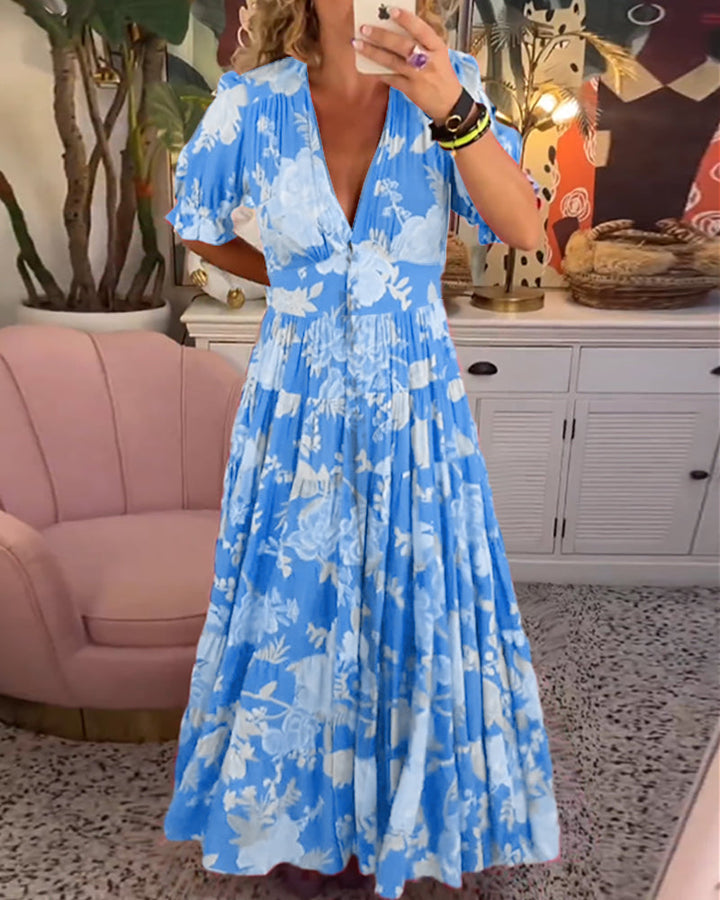 Levoire | Robe à col en V avec motif floral Bleu