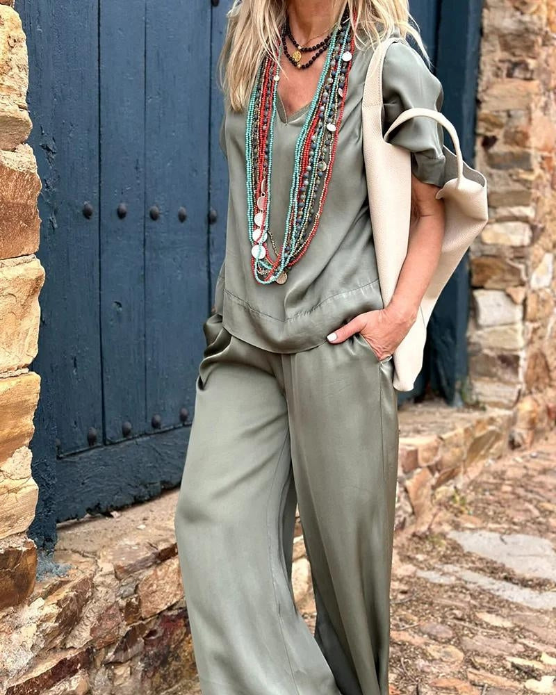 Levoire | Élégant Blouse Pantalon Ensemble Vert doux