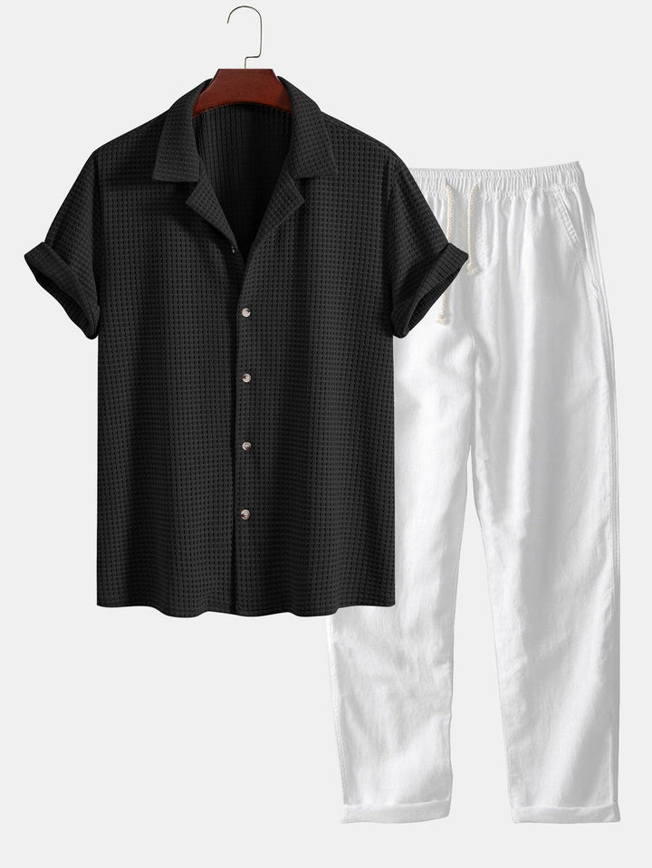 Levoire | Haut À Manches T-Shirt Waffle Cubain & Pantalons En Lin À Jambes Droites noir et blanc