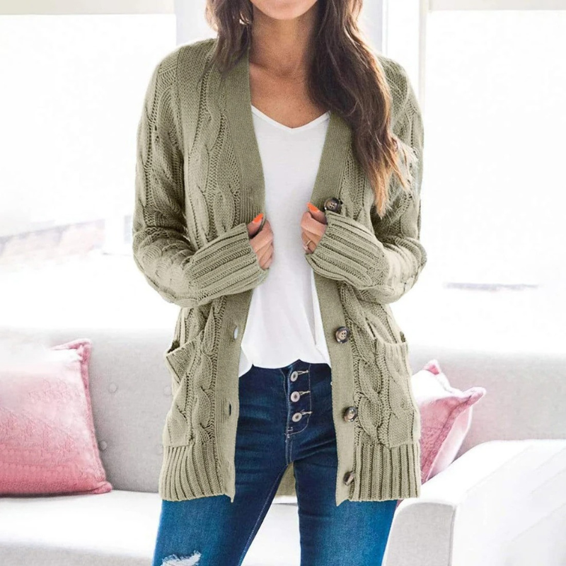 Levoire | Cardigan pour femmes avec motif en cable, boutons et poches Vert