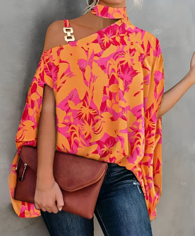 Levoire | Blouse À Manches Courtes Sans Épaules Colorée Rosa-orange fleur