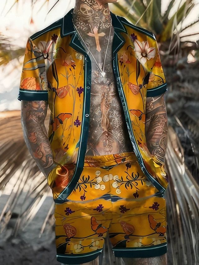 Levoire | Chemise hawaïenne d'été pour hommes et short pour hommes Orange