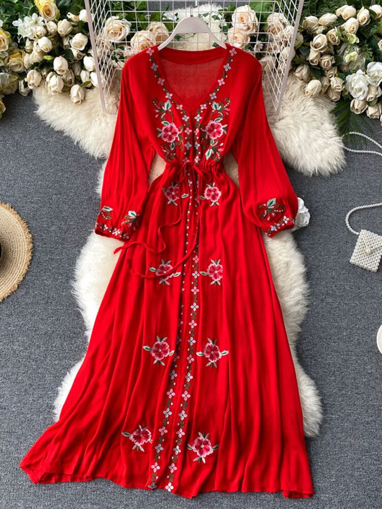 Levoire | Robe Longue À Col En V Brodée Une taille Rot