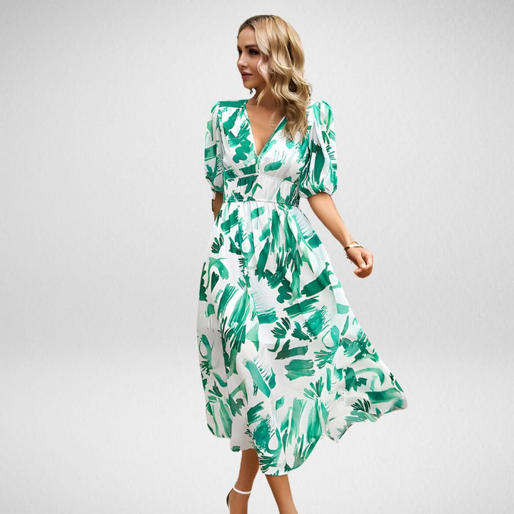 Levoire | Robe Midi Avec Décolleté Remarqué Et Manches Courtes Bouffantes Avec Imprimé Abstrait Vert