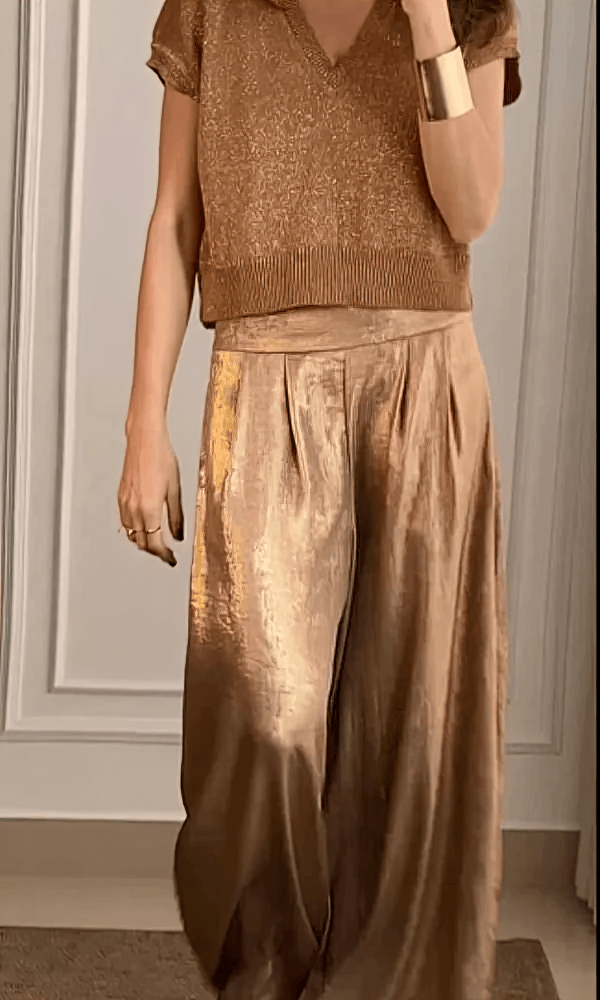 Levoire | Ensemble Femme Deux Pièces Haut Élégant Et Pantalons Set Or