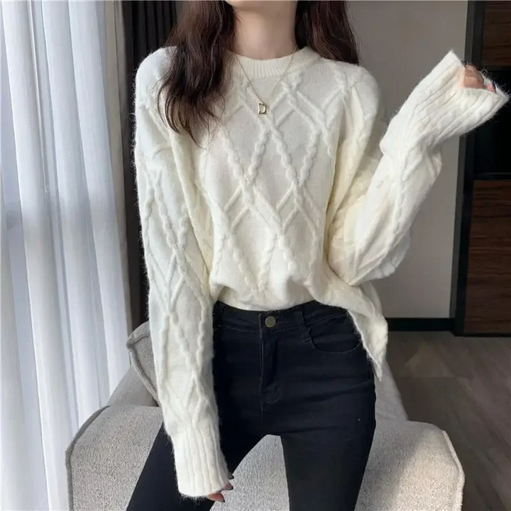 Levoire | Haut à manches longues pour femmes avec motif diamant, doux haut Blanc