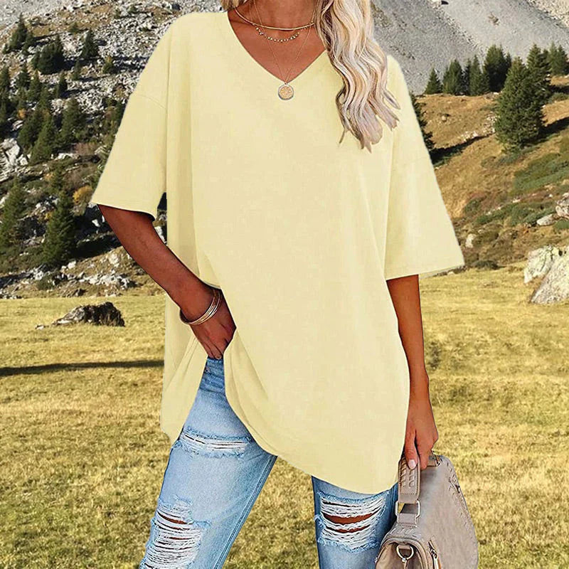 Levoire | T-Shirt Décontracté À Col En V Surdimensionné Pour Femmes Jaune