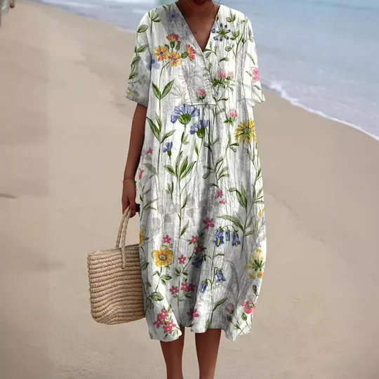 Levoire | Robe Midi Légère En Coton Impression Printemps & Été Fleur blanche