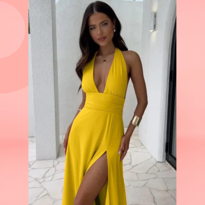 Levoire | Sexy Robe Avec Dcollet Profond Et Fente Jaune
