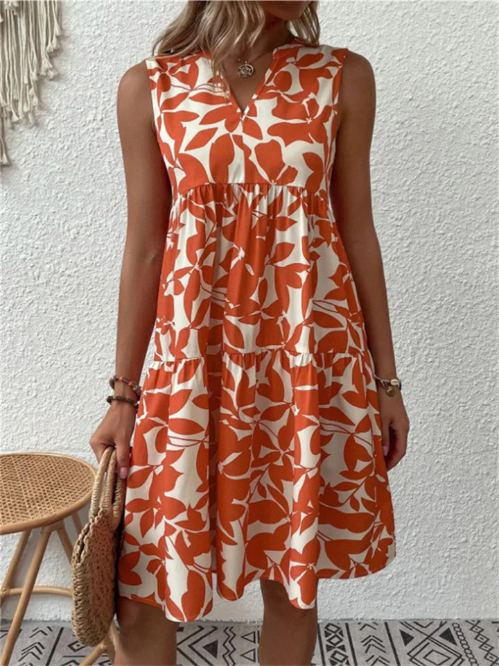 Levoire | Robe Élégante Pour Femmes Avec Motif De Feuilles Pour L'Été Rot
