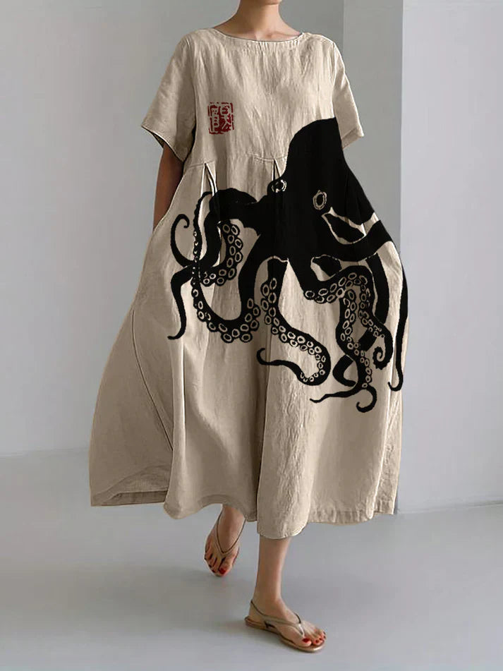 Levoire | Robe Longue En Mi-Lin Avec Motif Japonais En Lin Octopus Noir