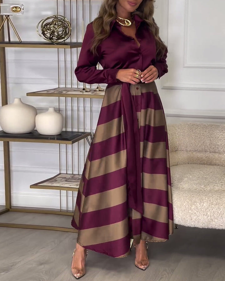Levoire | Robe Élégante À Rayures Imprimées Avec Revers Et Ceinture