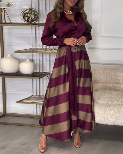 Levoire | Robe Élégante À Rayures Imprimées Avec Revers Et Ceinture