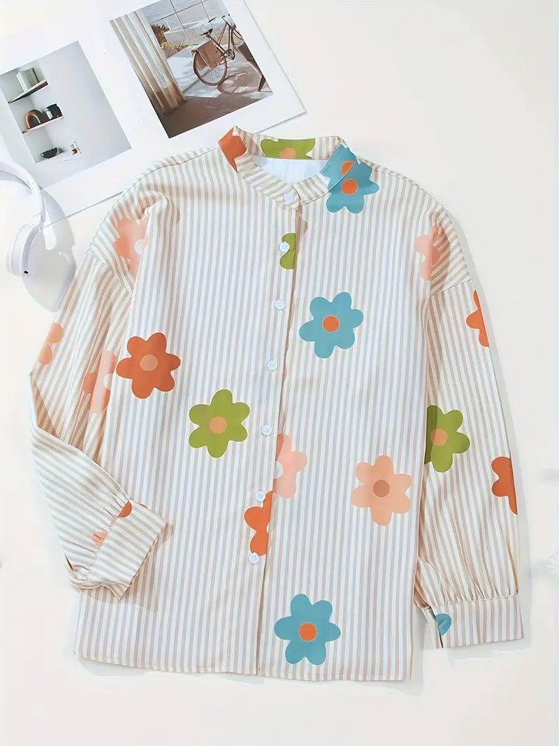 Levoire | Chemisier À Rayures Fleuries Avec Patte De Boutonnage Pour Femmes 2XL