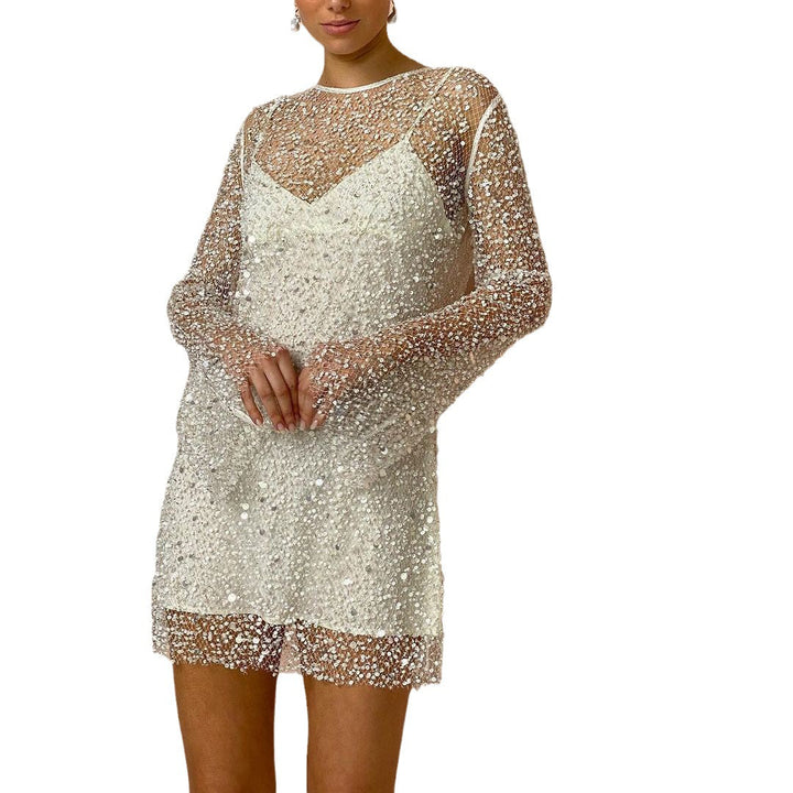 Levoire | Ensemble deux pièces avec robe à bretelles en mesh transparent et perles