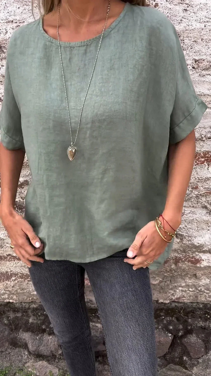 Levoire | Chemisier à demi-manches en coton lin à encolure ronde, couleur unie Gris