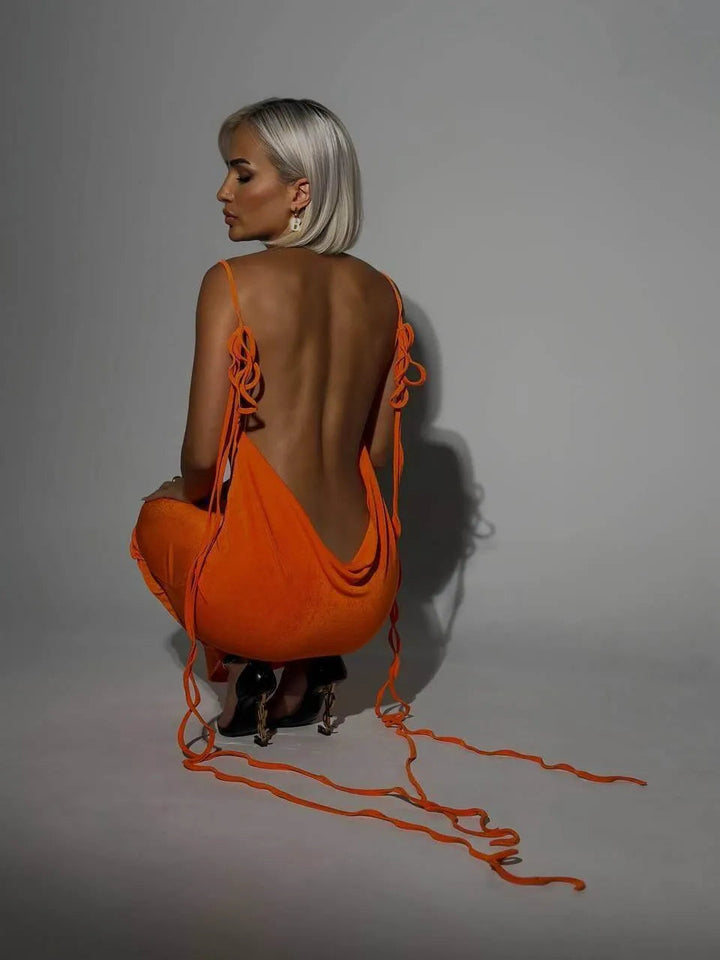 Levoire | Robe longue sexy avec des lacets, robe d'été fine sans dos Orange Rouge