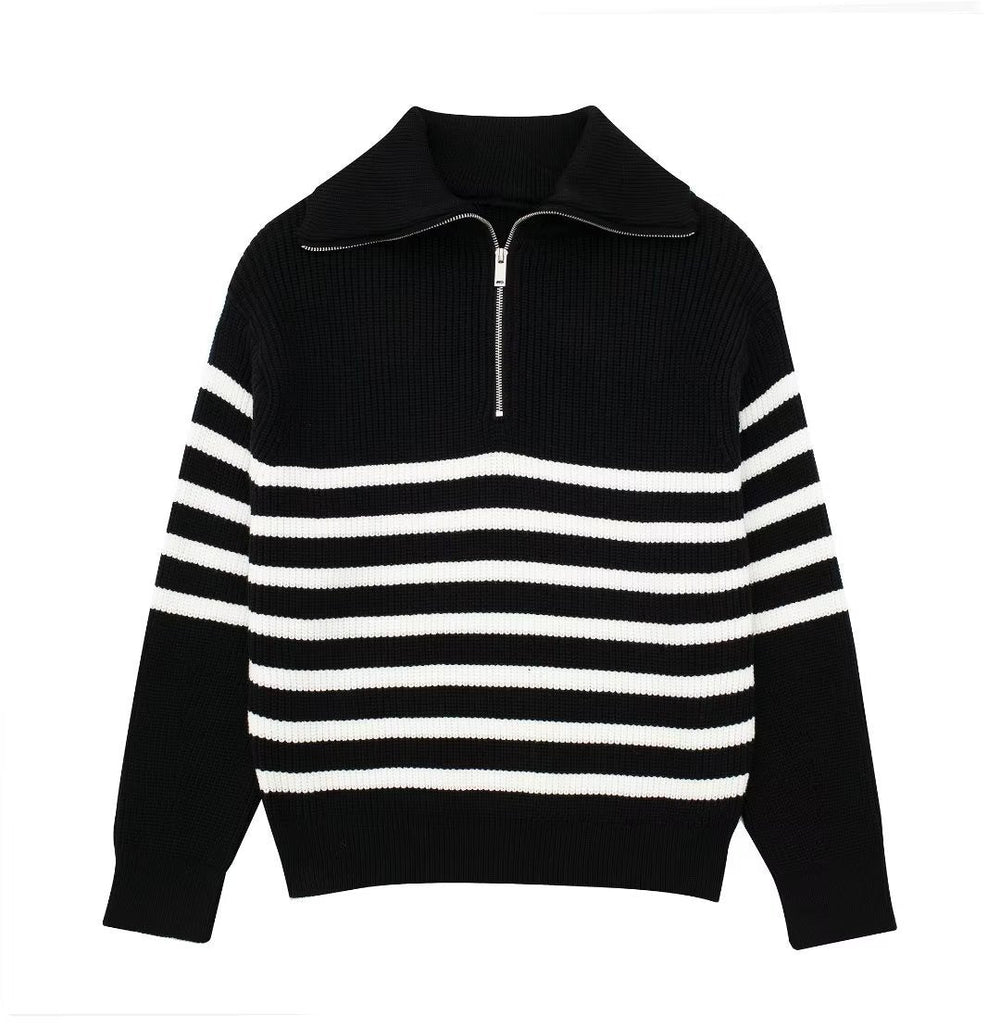 Levoire | Pull À Col Zippe Quart Noir avec des rayures blanches
