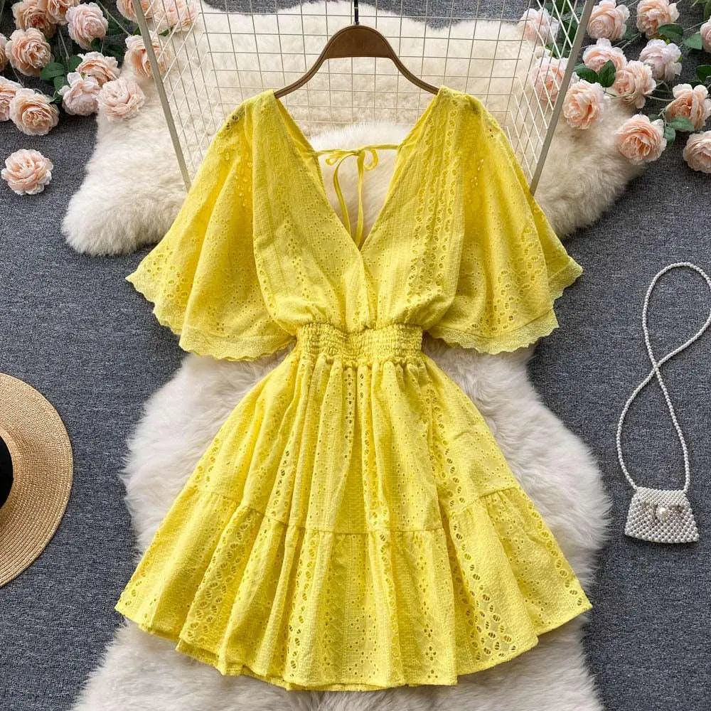 Levoire | Robe tendance, vide, à manches bouffantes avec décolleté en V Jaune Une taille