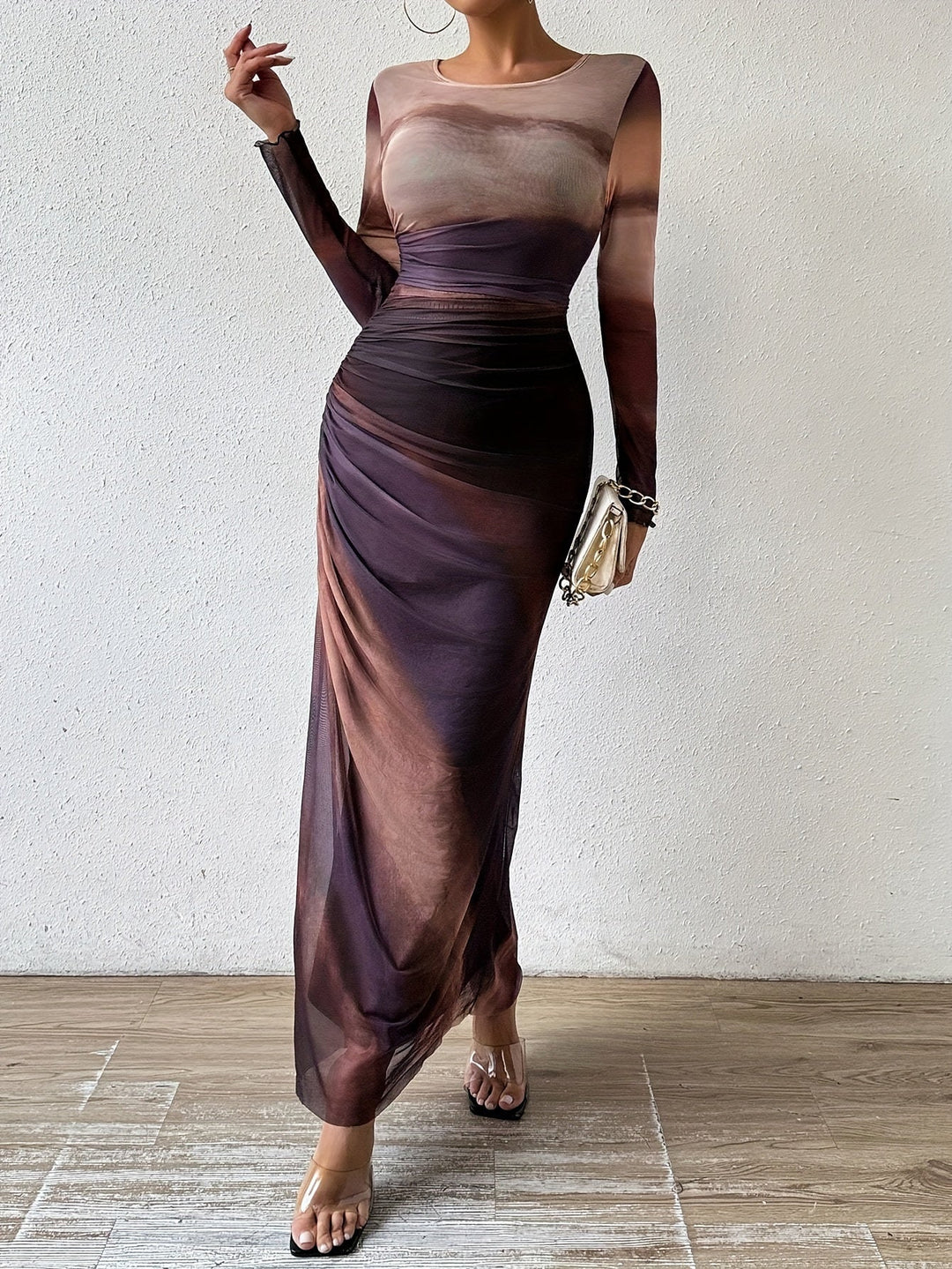 Levoire | Robe Maxi Froncée Et Ajustée Avec Motif Tie-Dye, Élégante Robe À Manches Longues Avec Encolure Ronde Pour Le Printemps Et L'Automne, Vêtements Femme