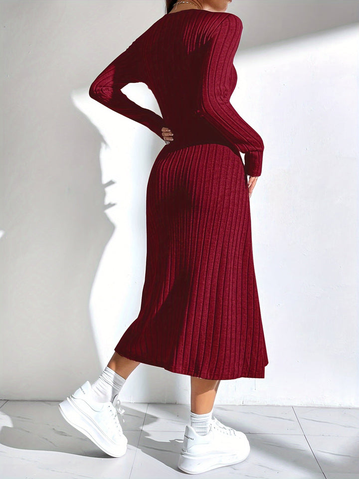 Levoire | Robe A-Ligne À Manches Longues Côtelée En Couleur Unie