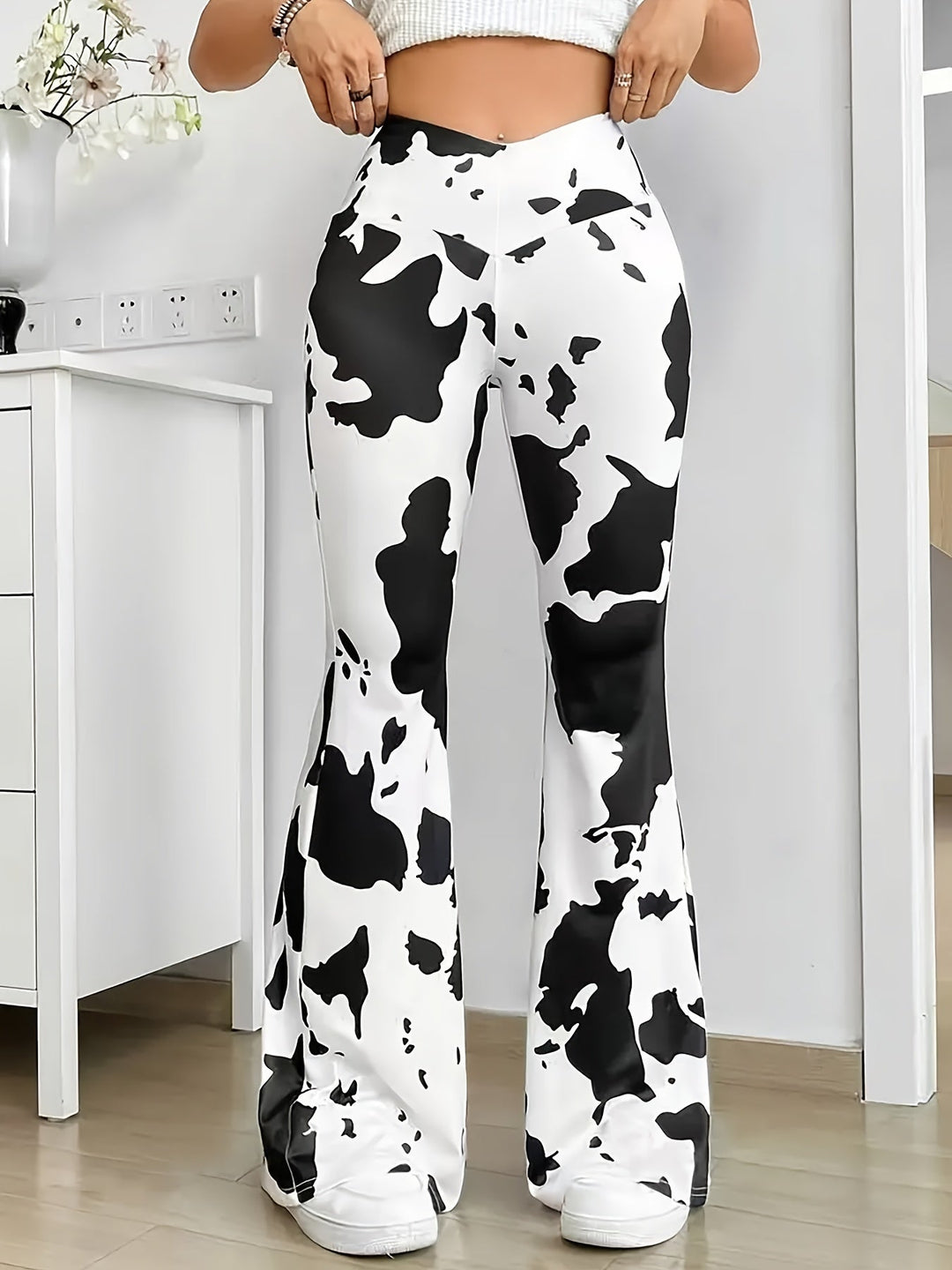 Levoire | Pantalon Taille Haute À Motif Vache Pour Femme Noir-Lumière-Blanc