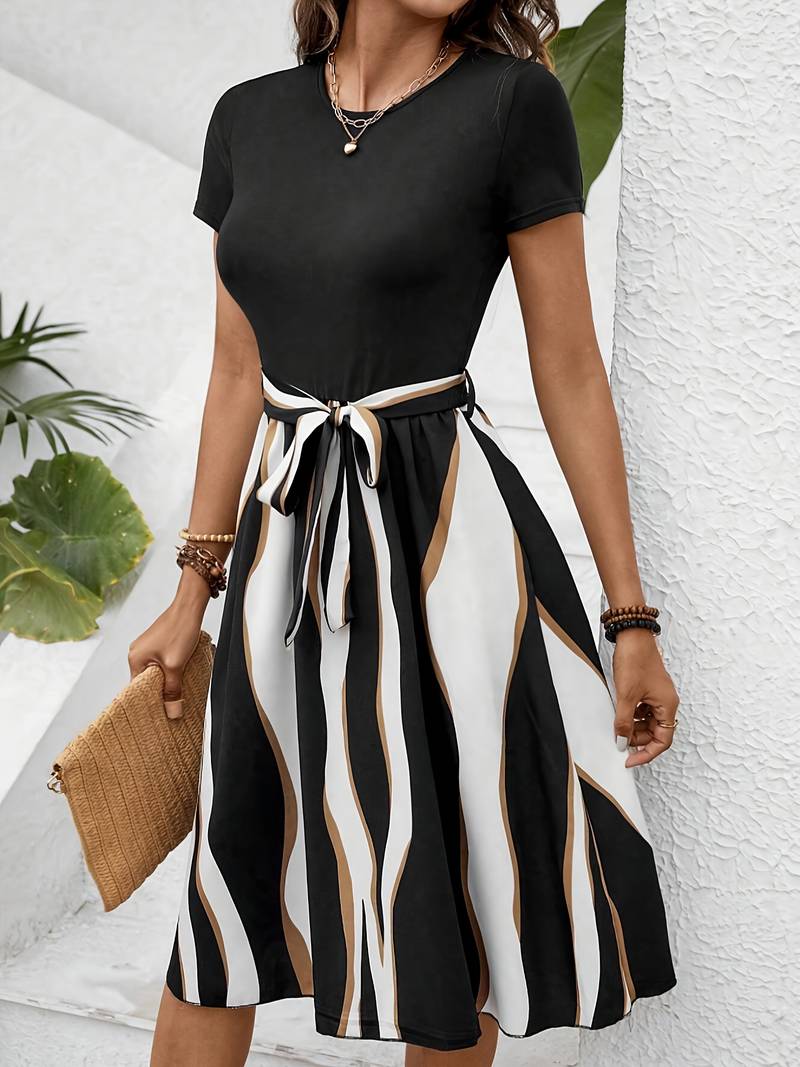 Levoire | Robe Manches Courtes Imprimé Rayé Été Noir