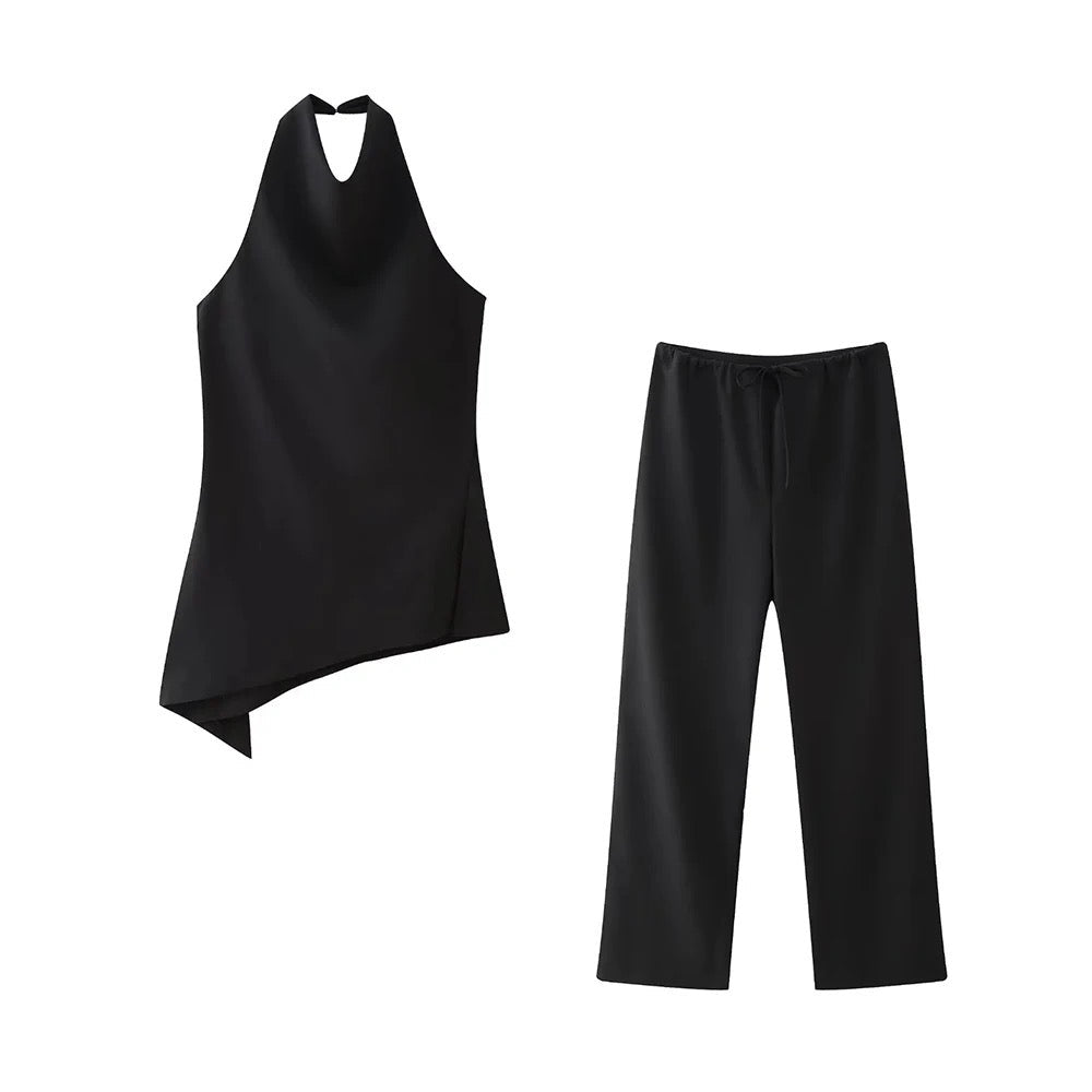 Levoire | Ensemble Élégant À Deux Pièces, Haut Asymétrique Et Pantalon Large Noir