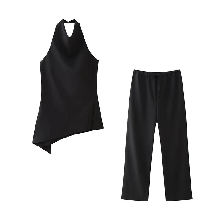 Levoire | Ensemble Élégant À Deux Pièces, Haut Asymétrique Et Pantalon Large Noir