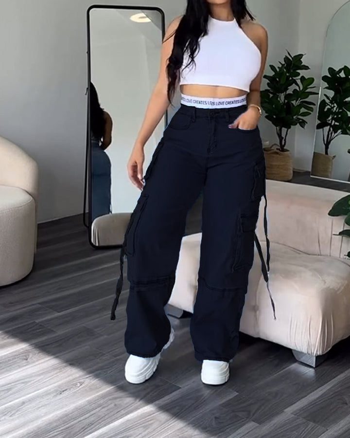 Levoire | Ceinture Taille Double Pantalon Cargo Jeans Noir