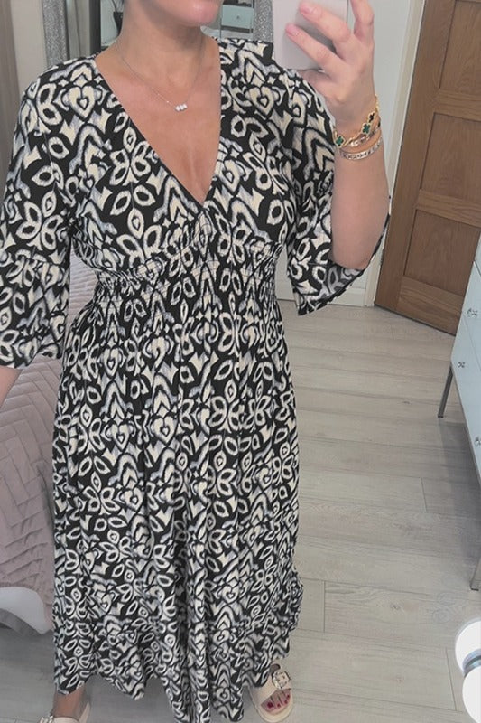 Levoire | Robe À Fleurs Bohémiène À Décolleté En V Décontractée Noir