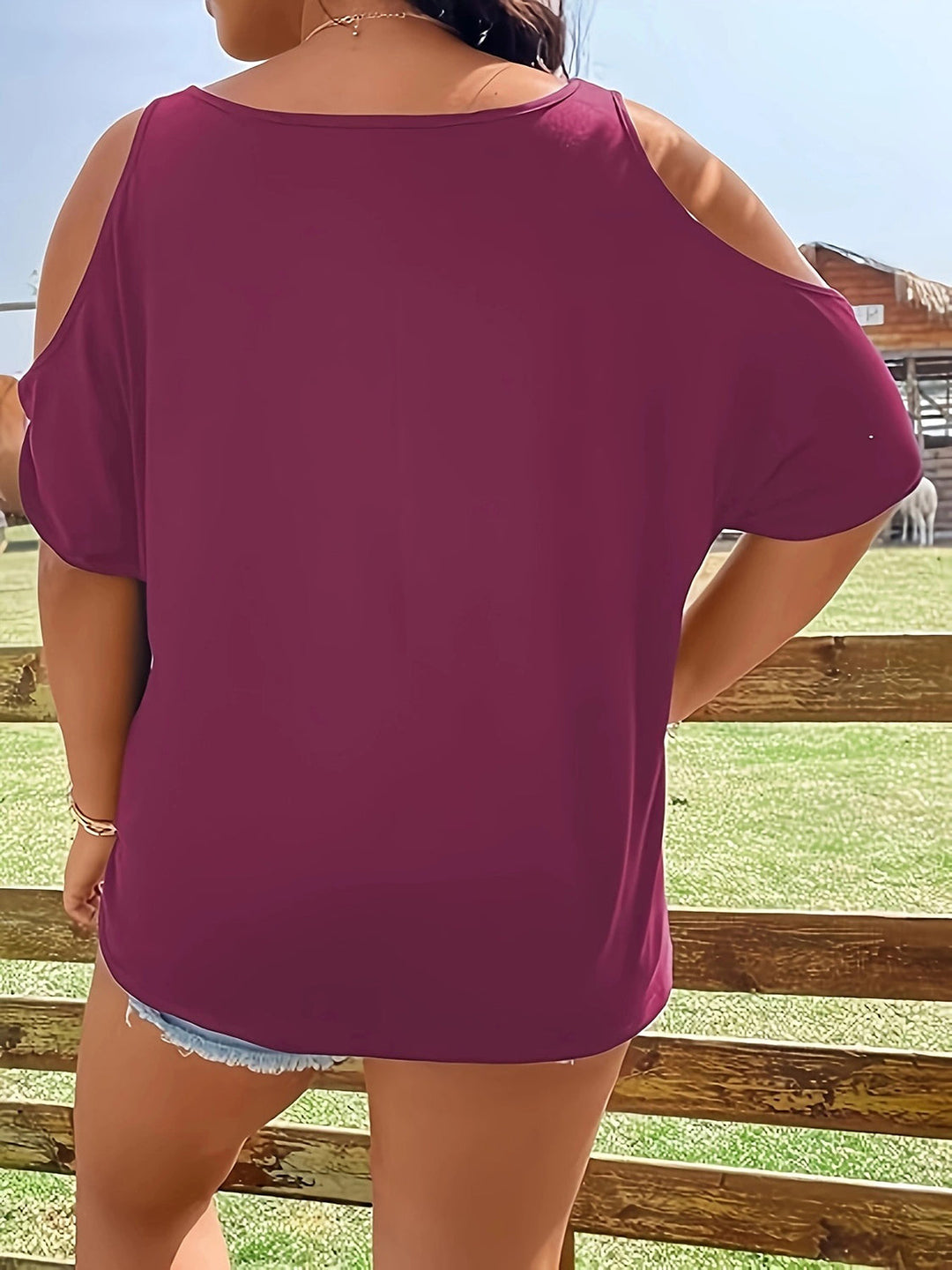 Levoire | Grande Taille Lurekantsmønster Col Rond Épaules Nues T-shirt Violet foncé