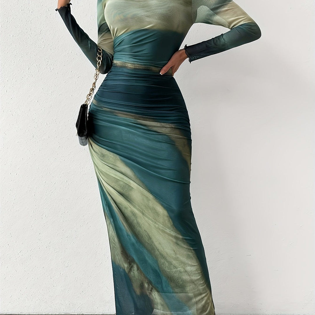 Levoire | Robe Maxi Froncée Et Ajustée Avec Motif Tie-Dye, Élégante Robe À Manches Longues Avec Encolure Ronde Pour Le Printemps Et L'Automne, Vêtements Femme Vert