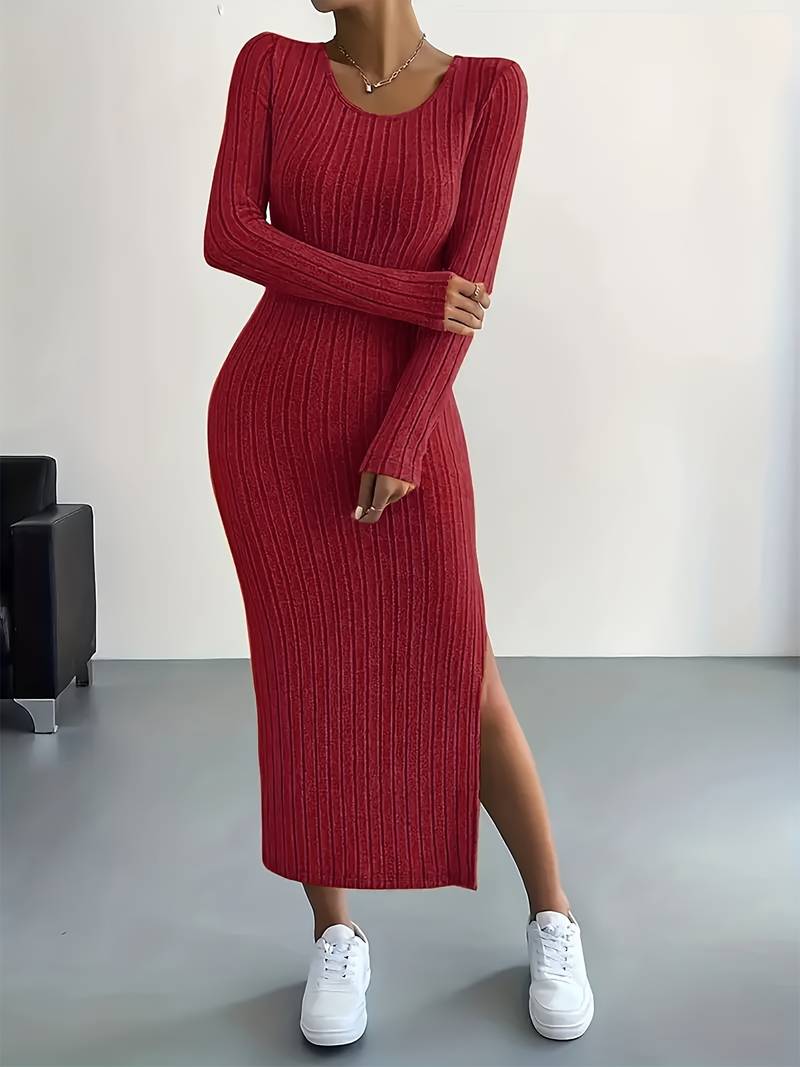 Levoire | Robe À Manches Longues Unie Et Côtelée Avec Col Rond Rouge foncé