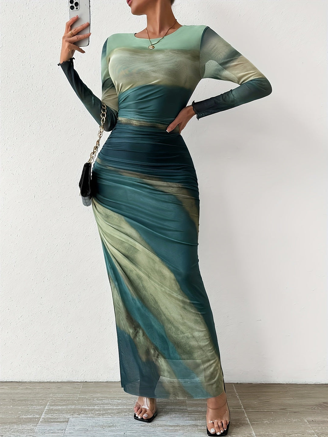 Levoire | Robe Maxi Froncée Et Ajustée Avec Motif Tie-Dye, Élégante Robe À Manches Longues Avec Encolure Ronde Pour Le Printemps Et L'Automne, Vêtements Femme