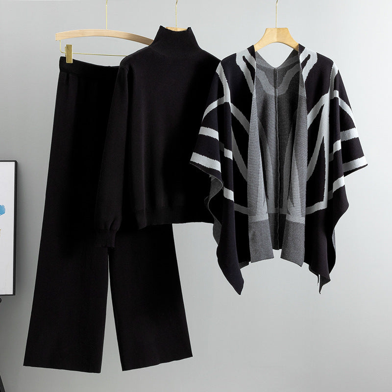Levoire | Pull Tricoté Élégant Veste Pantalons Larges Noir une taille