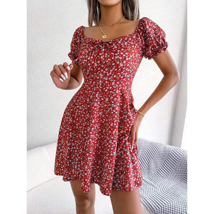 Levoire | Robe D'Été Avec Des Manches Bouffantes À Fleurs Pour Femmes Rot