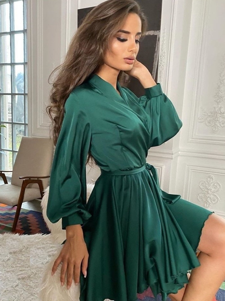Levoire | Robe Mini Femme Élégante Robe Portefeuille À Manches Longues Pour Femmes Vert