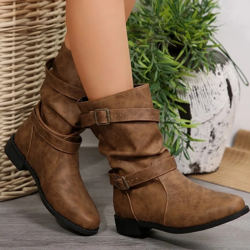Levoire | Bottes Femme à Boucle Réglable Décontractées à Talon Bas Braun