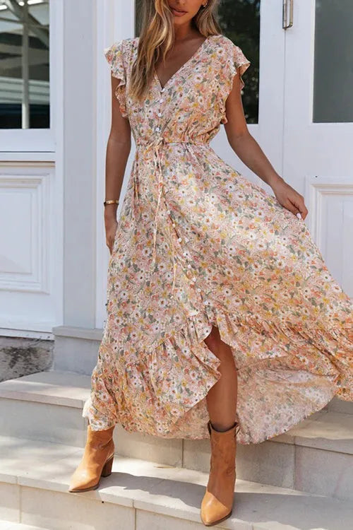 Levoire | Maxi-robe avec volants de boutons et cordon de serrage fleuri