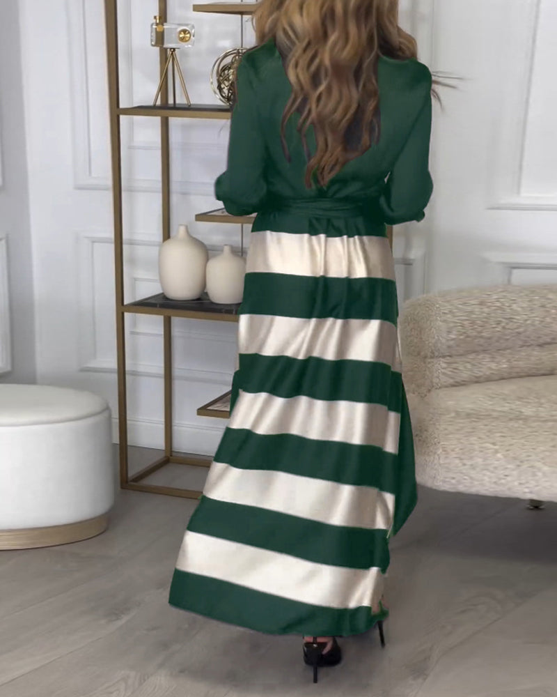 Levoire | Robe Élégante À Rayures Imprimées Avec Revers Et Ceinture