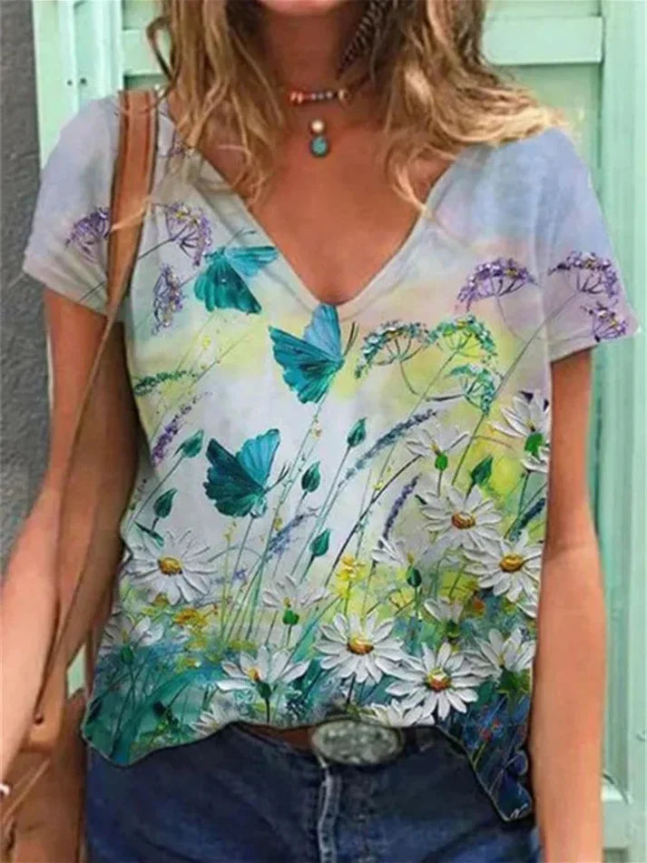 Levoire | Chemise À Col En V Peinture Art Floral Orange