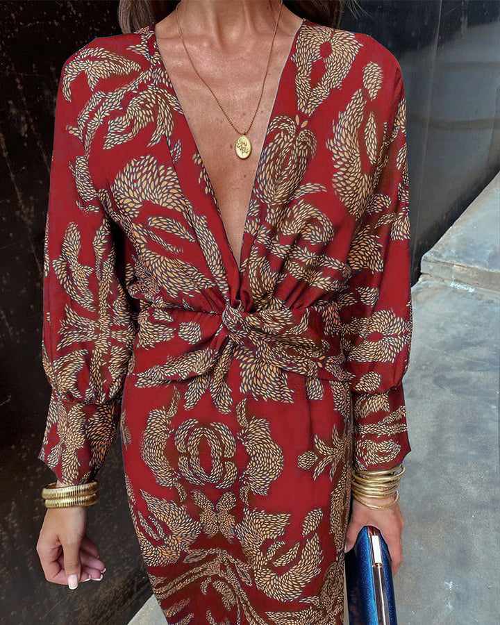 Levoire | Robe Élégante À Imprimé Et Décolleté En V À Manches Longues
