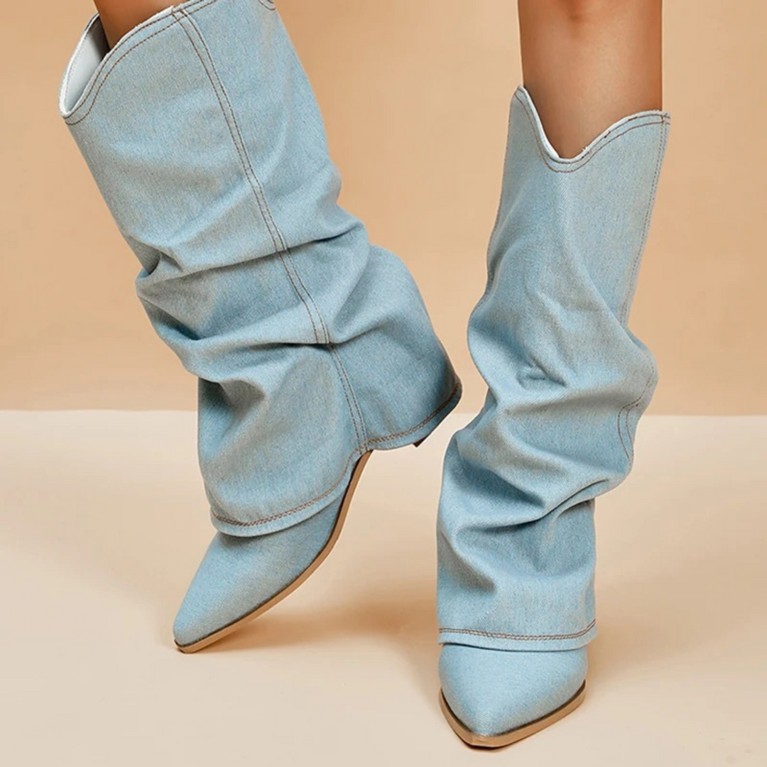Levoire | Bottes En Denim Plissées À Talon Bloc