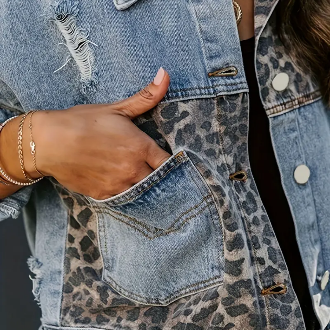 Levoire | Veste Décontractée Patchwork Léopard Jean Femme