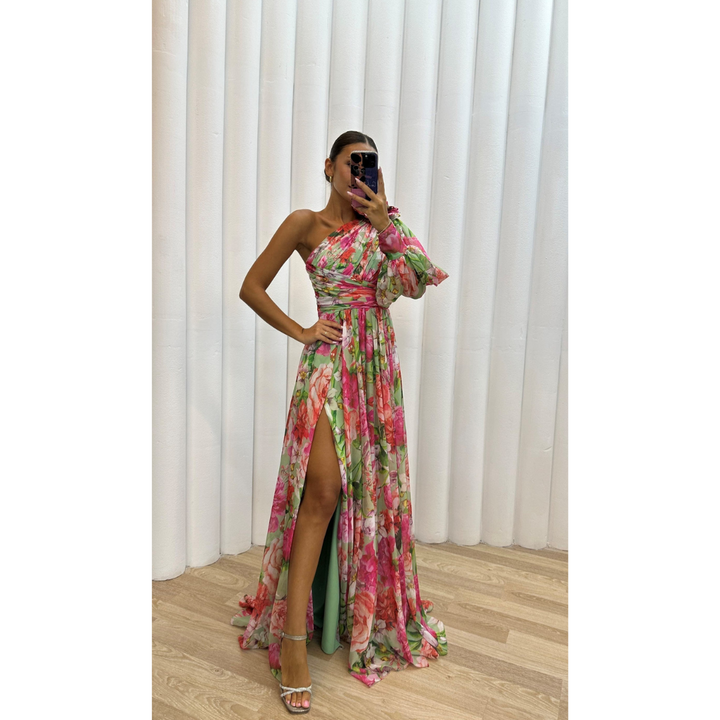 Levoire | Robe D'Invité De Mariage Asymétrique À Imprimé Floral - Maxi Rose