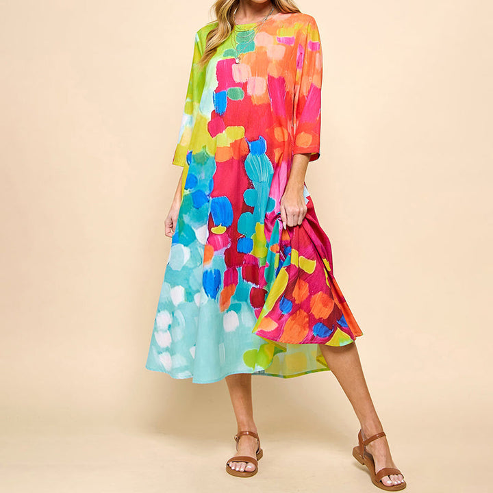 Levoire | Robe Midi Imprimée en Coton Mélangé à Manches 3/4 Multicolore