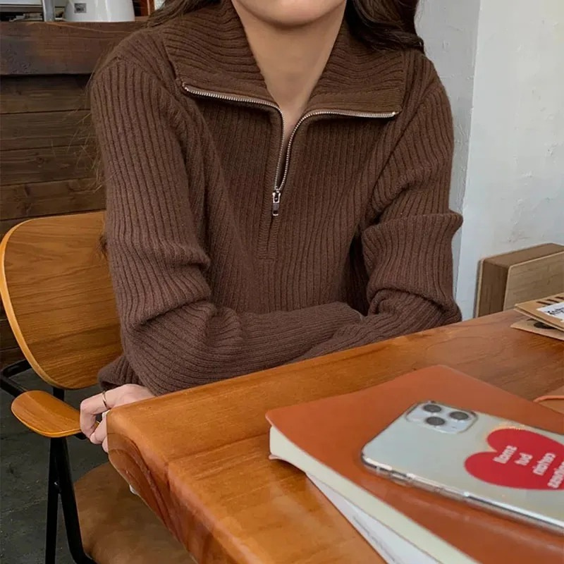 Levoire | Pull en tricot à fermeture éclair pour femmes, Coupe confortable Orange foncé