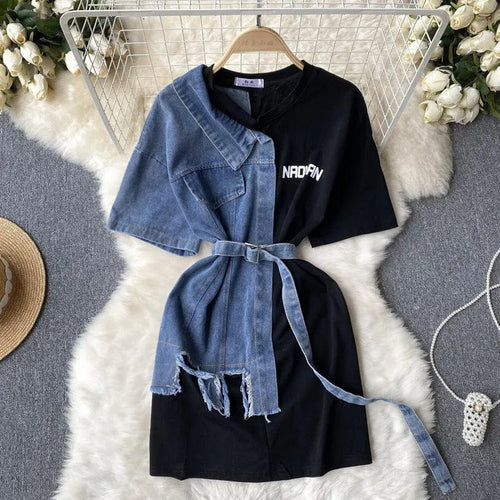 Levoire | Robe en denim patchwork à encolure ronde